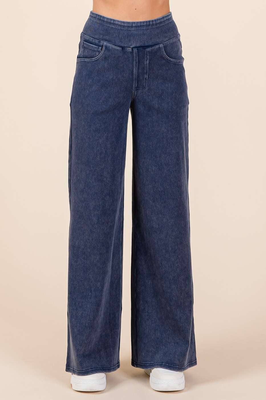 WASHED DENIM ELASTIC WAISTBAND WIDE LEG PANTS