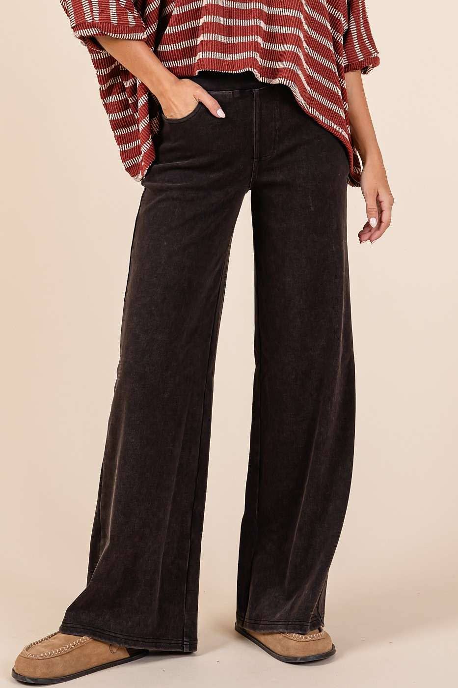 WASHED DENIM ELASTIC WAISTBAND WIDE LEG PANTS