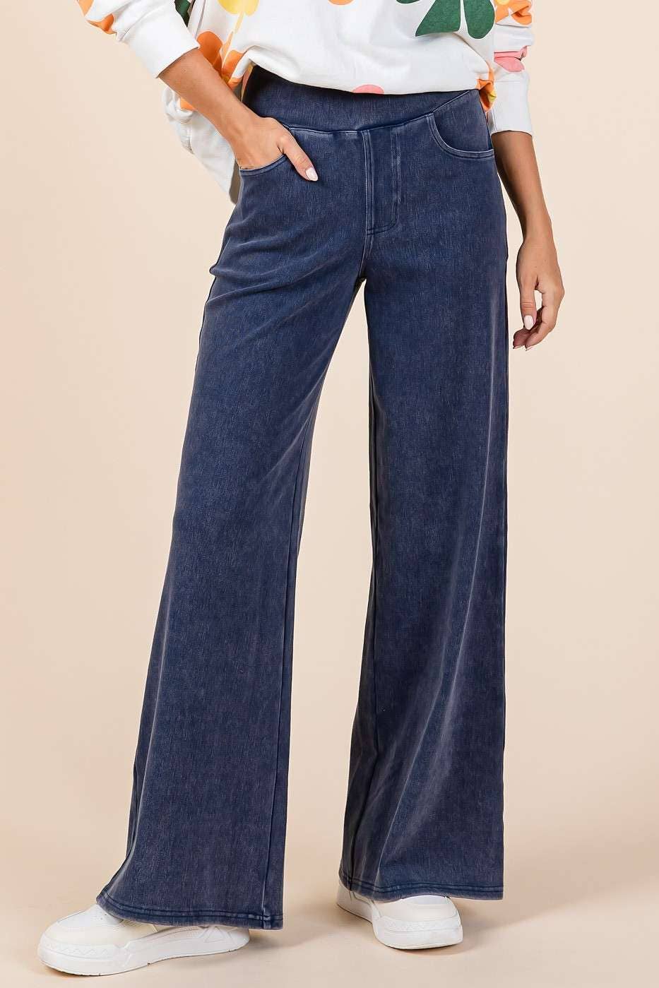 WASHED DENIM ELASTIC WAISTBAND WIDE LEG PANTS