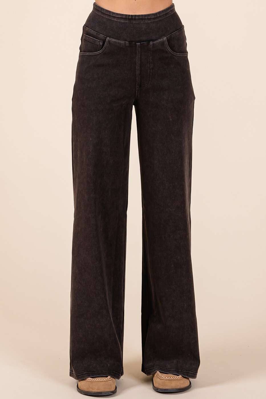 WASHED DENIM ELASTIC WAISTBAND WIDE LEG PANTS