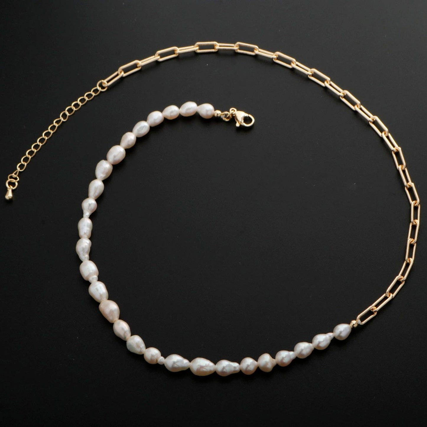 Grace 18k Gold Filled Freshwater Pearl Half Chain Necklace Paper Clip Link 16 inch + 2" extender Length Handmade Minimalist Jewelry