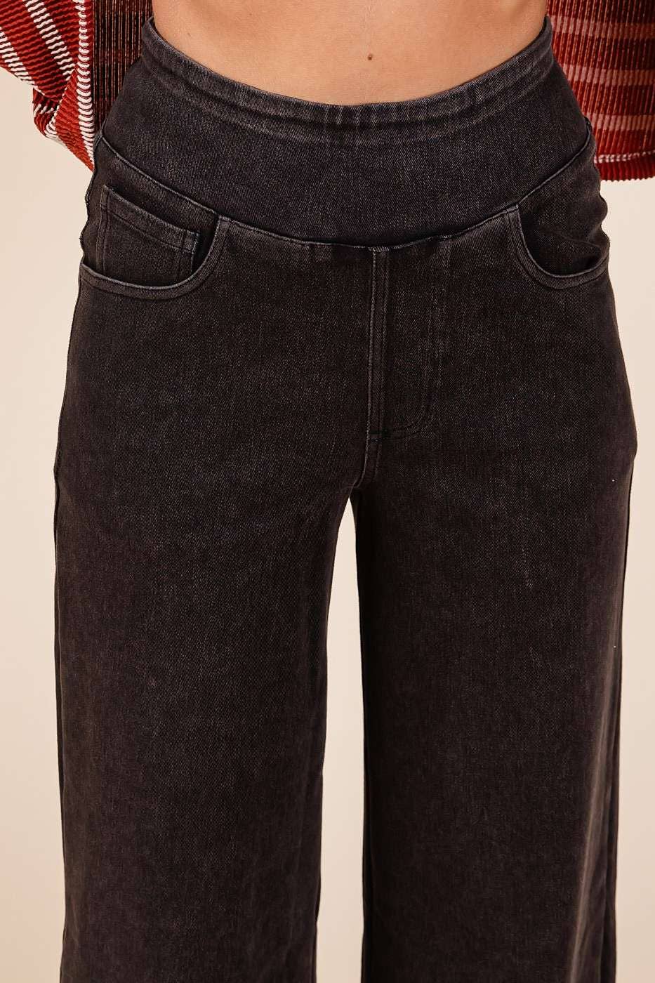 WASHED DENIM ELASTIC WAISTBAND WIDE LEG PANTS