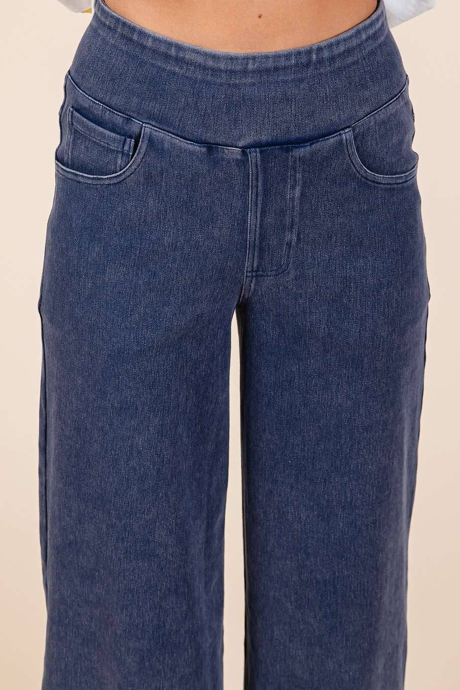 WASHED DENIM ELASTIC WAISTBAND WIDE LEG PANTS