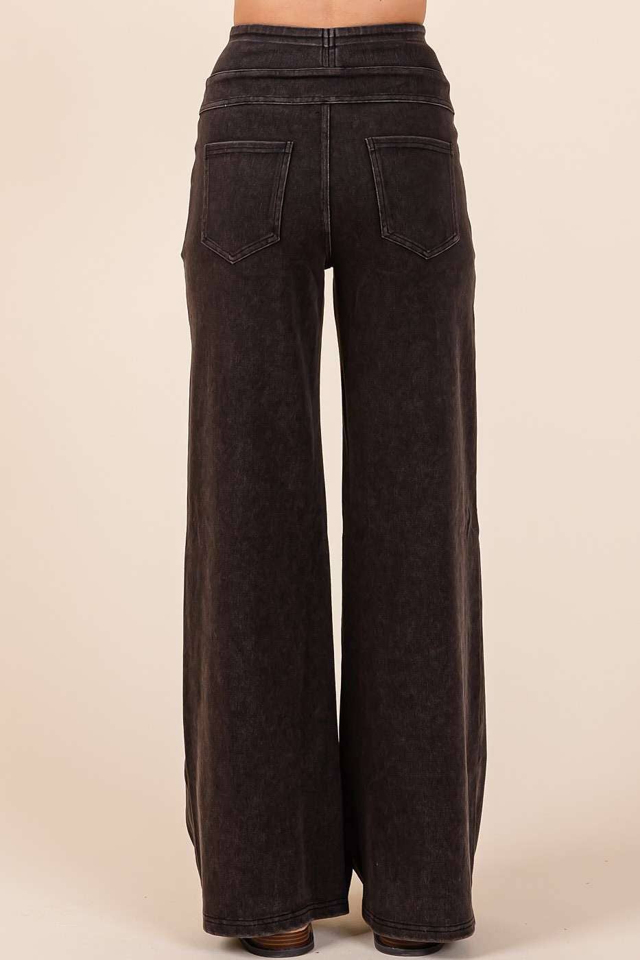 WASHED DENIM ELASTIC WAISTBAND WIDE LEG PANTS