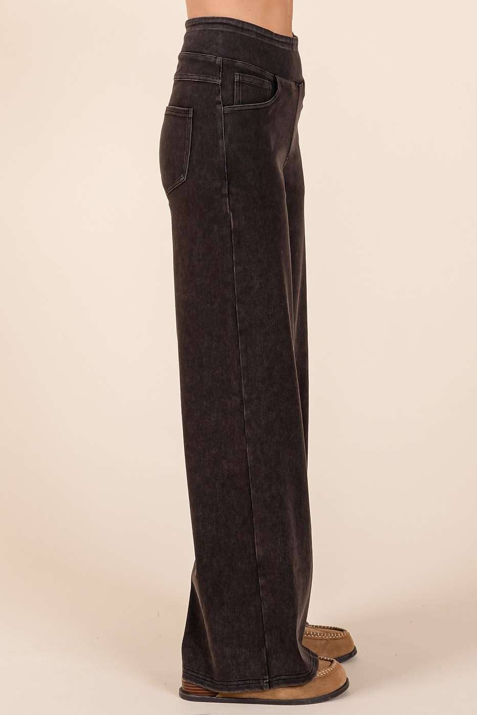 WASHED DENIM ELASTIC WAISTBAND WIDE LEG PANTS