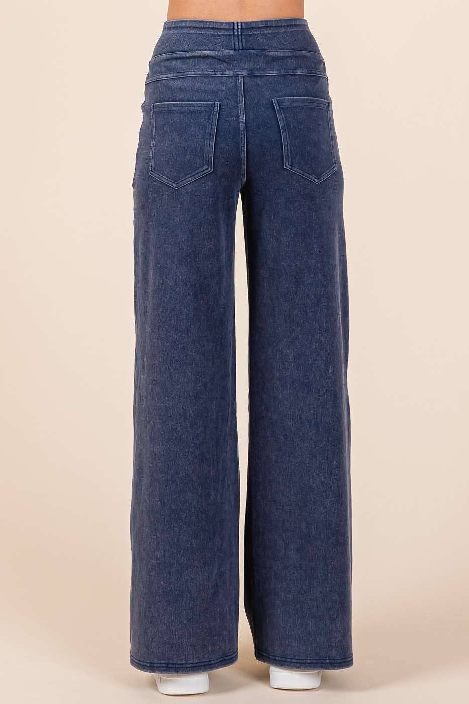 WASHED DENIM ELASTIC WAISTBAND WIDE LEG PANTS