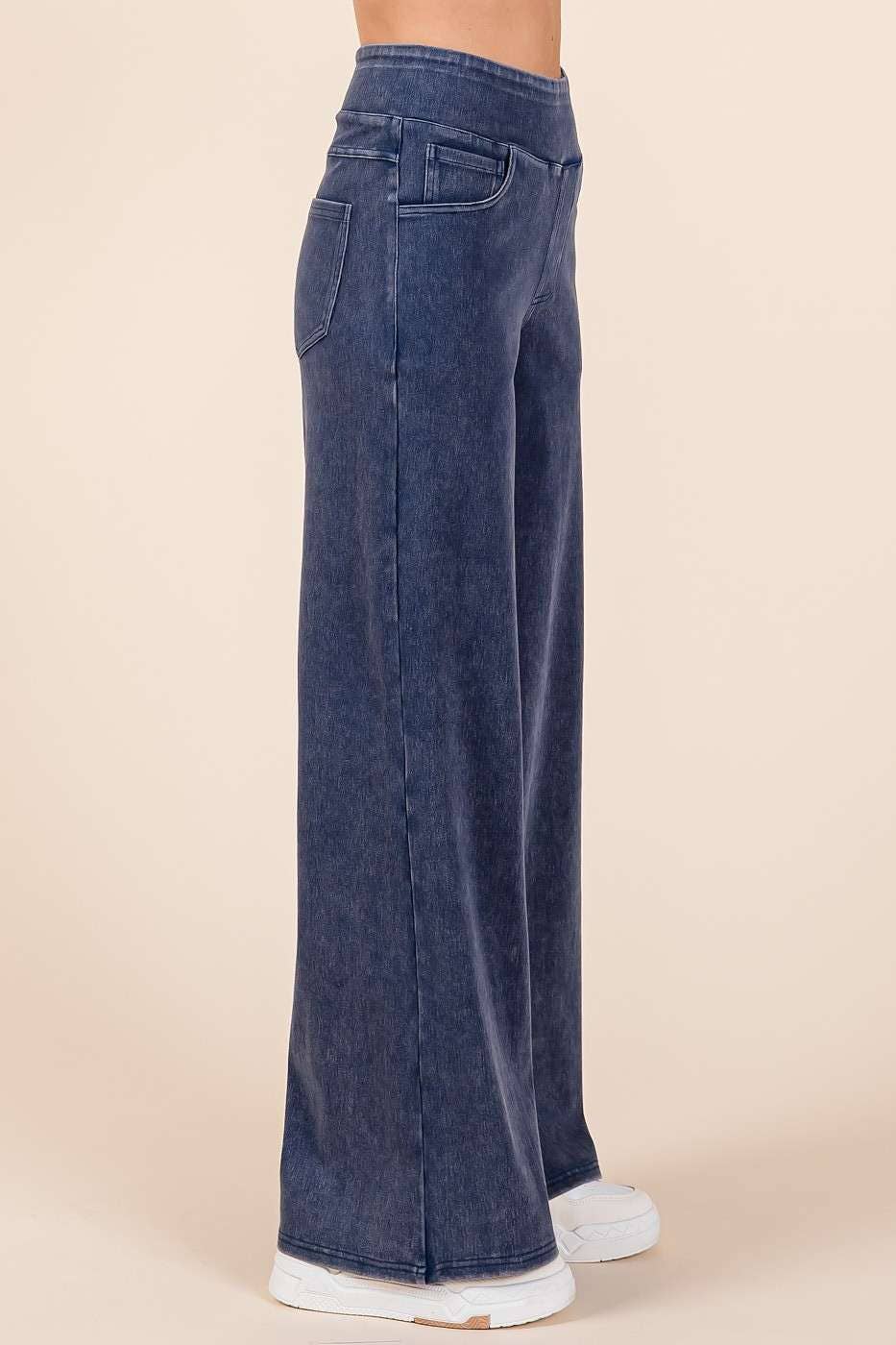 WASHED DENIM ELASTIC WAISTBAND WIDE LEG PANTS