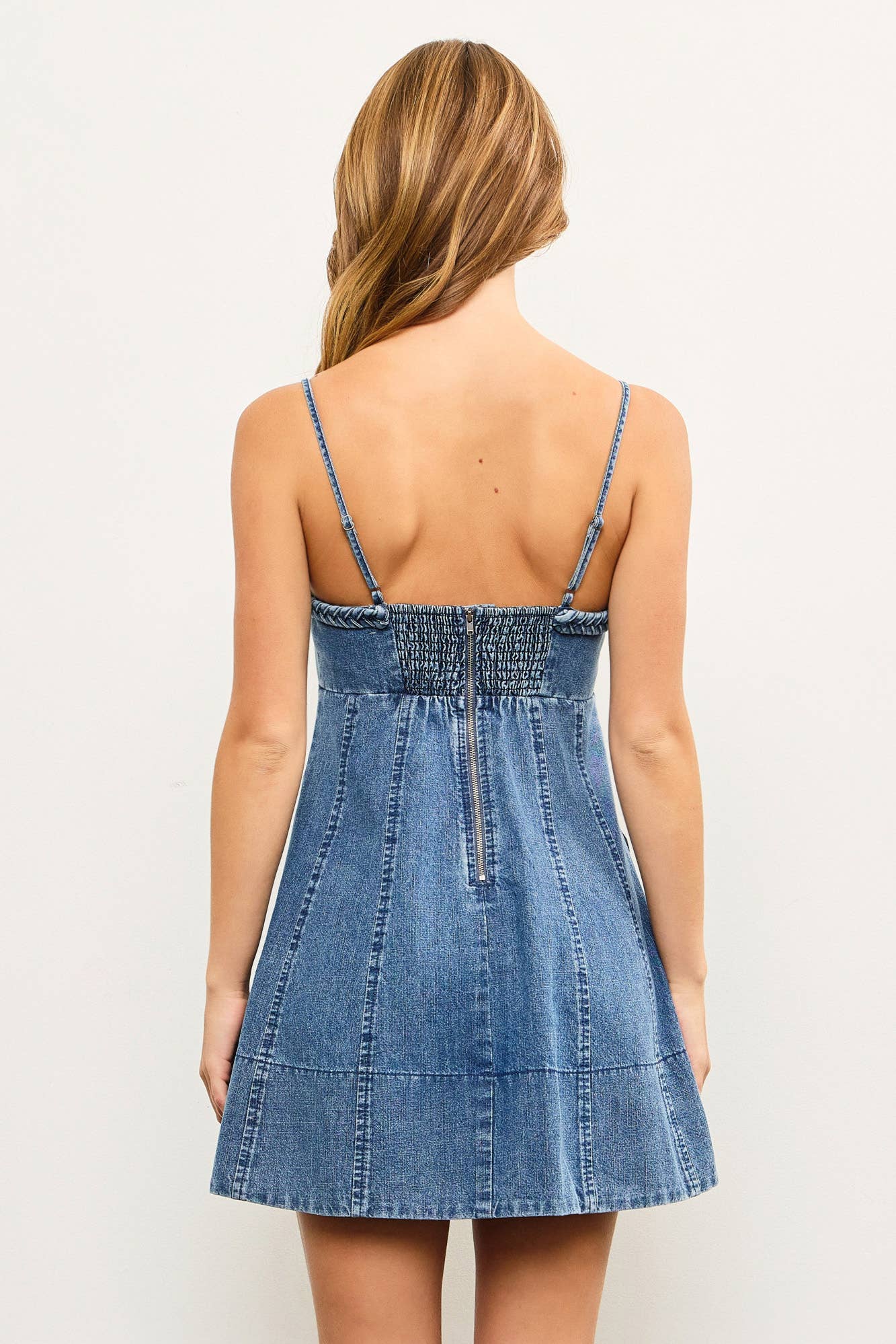 BRAIDED BUST DETAIL TIED BACK SLEEVELESS DENIM DRESS