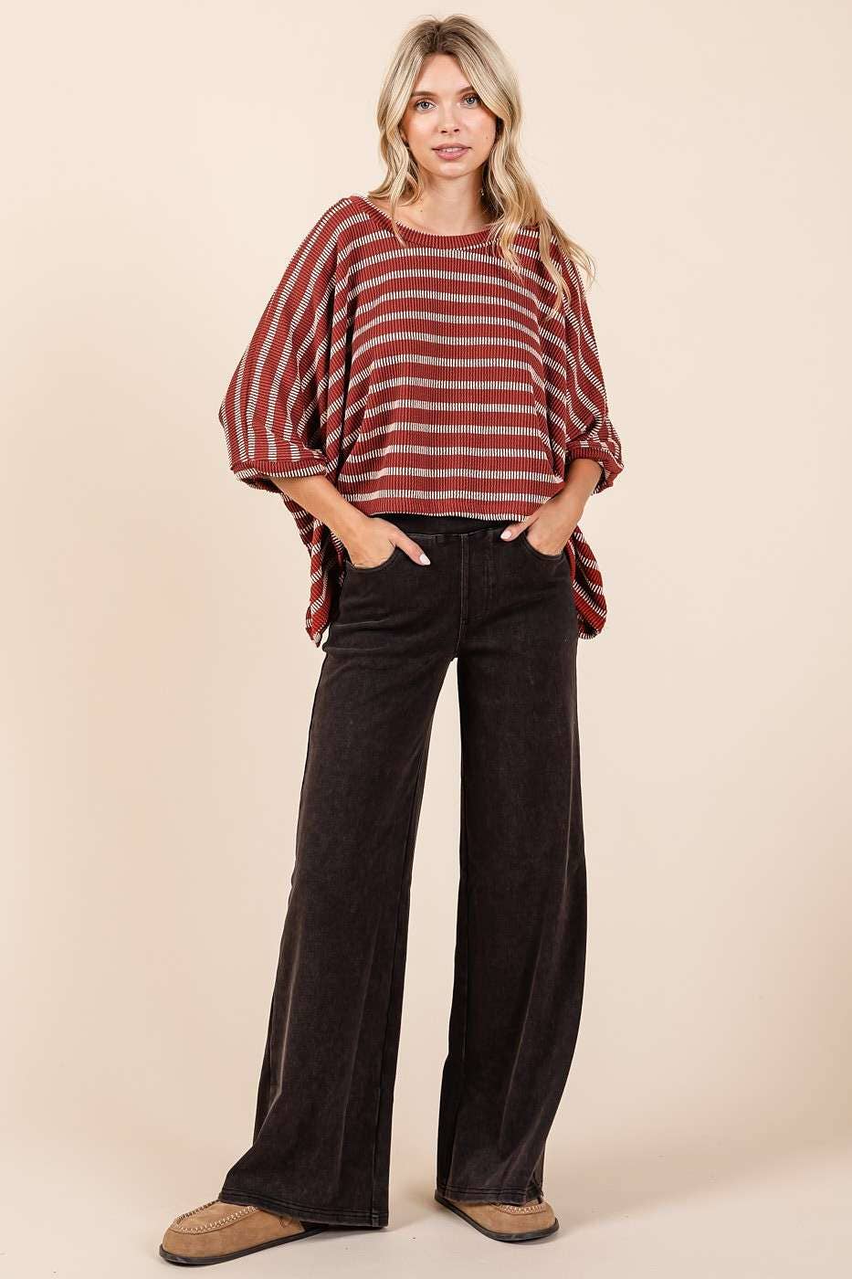 WASHED DENIM ELASTIC WAISTBAND WIDE LEG PANTS