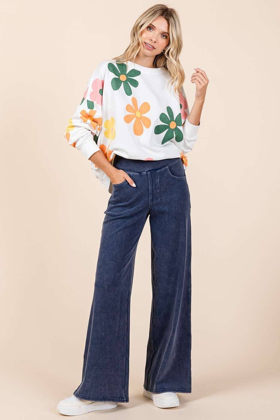 WASHED DENIM ELASTIC WAISTBAND WIDE LEG PANTS