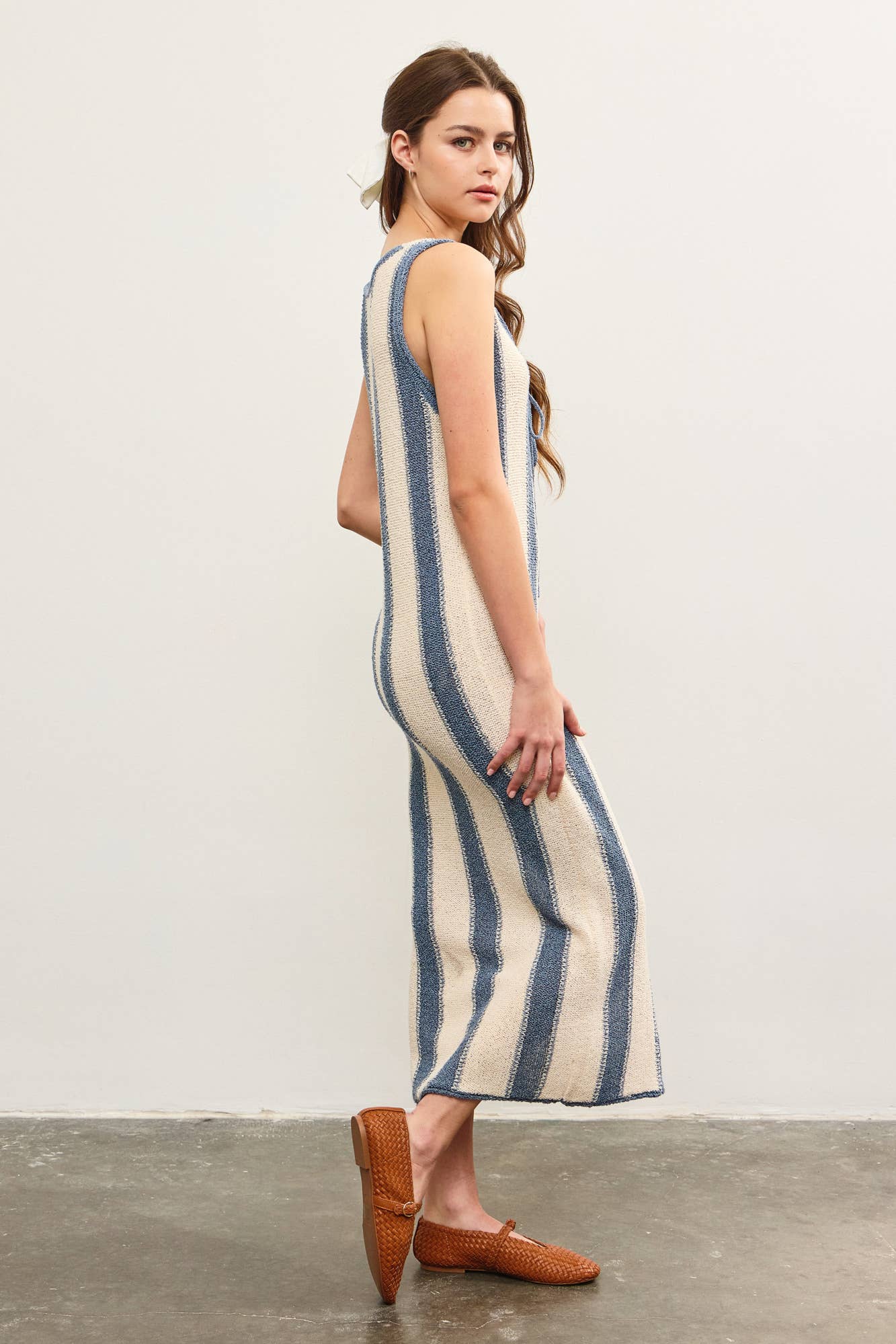 DEEP V NECK TIED FRONT STRIPED DRESS