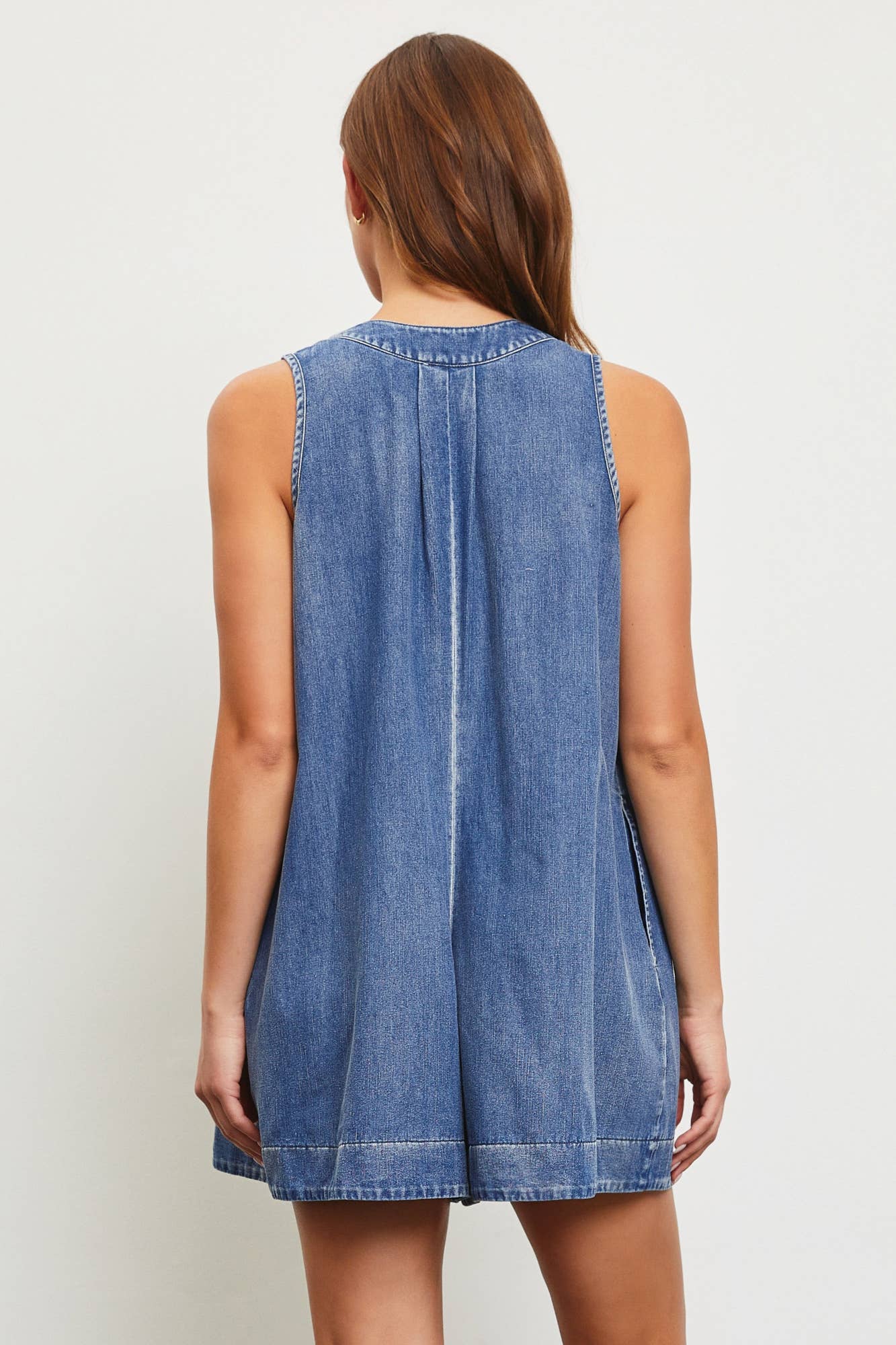 TIE WITH PLEATED DENIM ROMPER