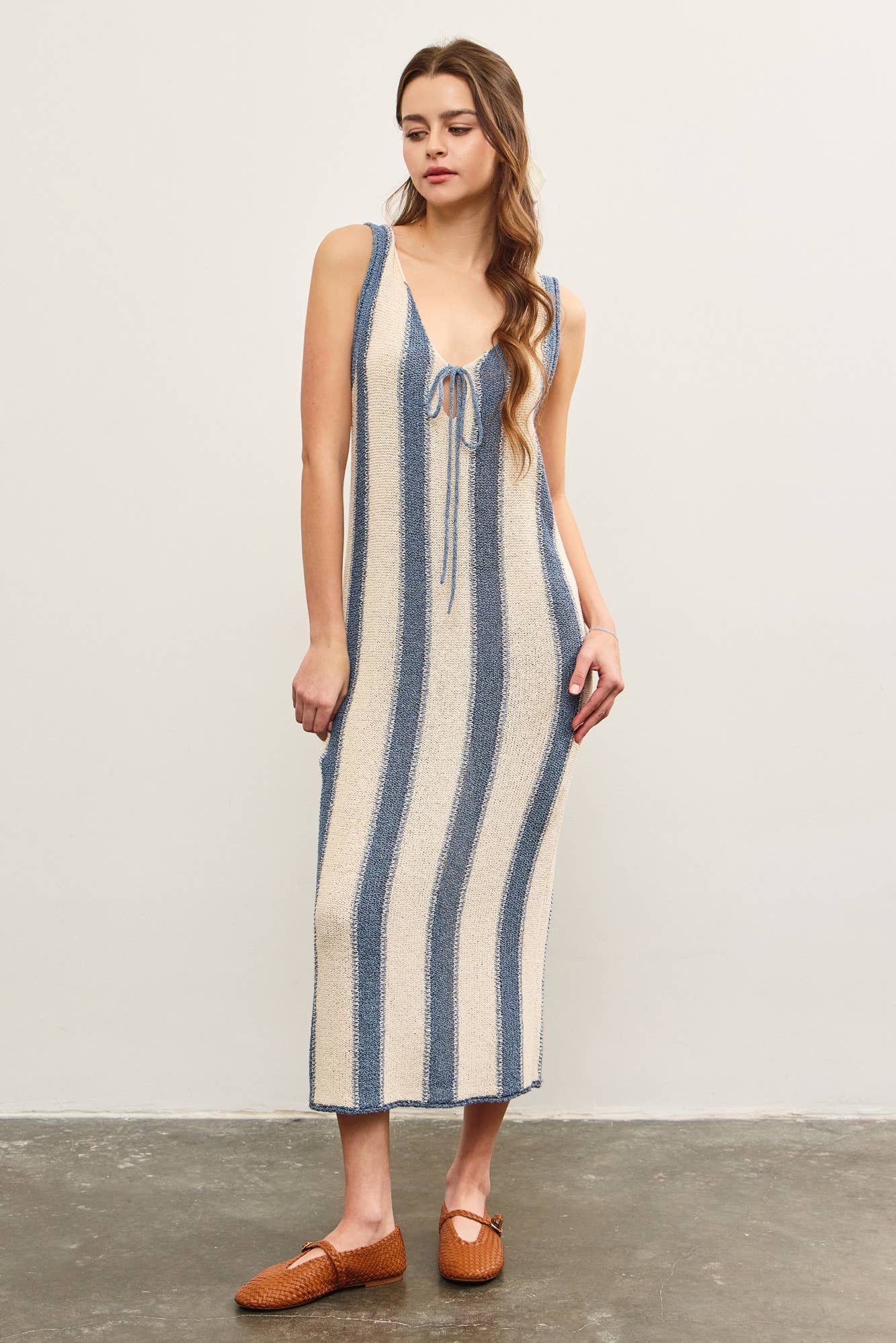 DEEP V NECK TIED FRONT STRIPED DRESS