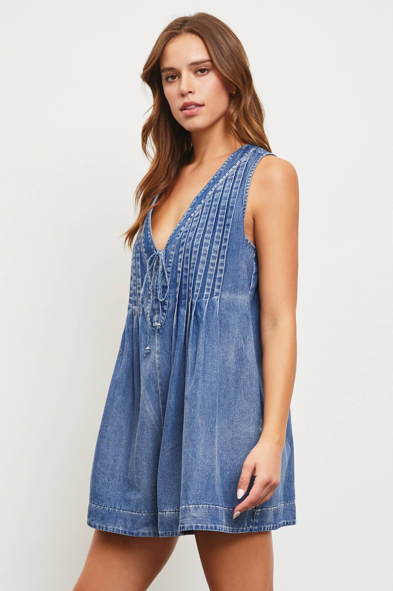 TIE WITH PLEATED DENIM ROMPER