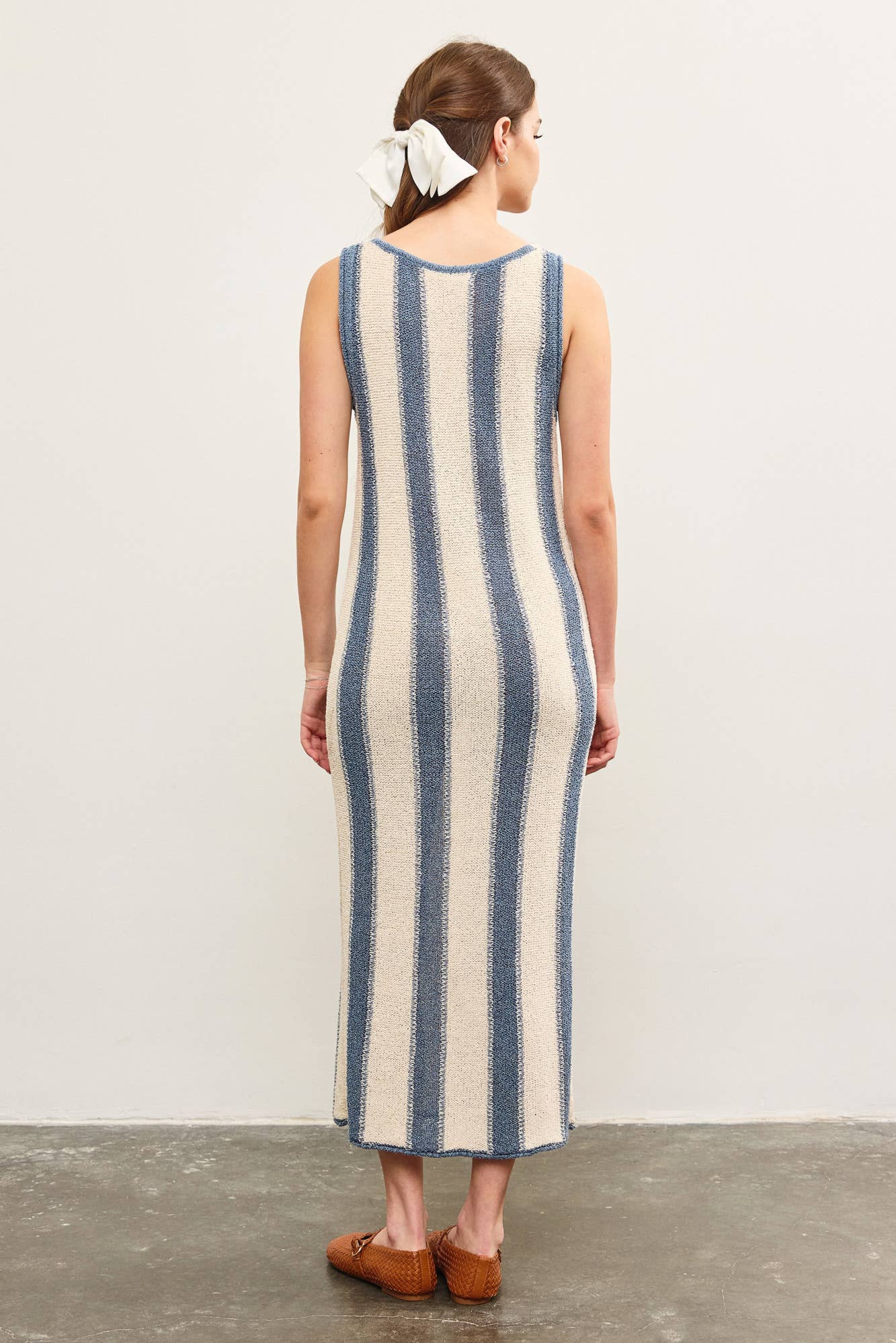 DEEP V NECK TIED FRONT STRIPED DRESS