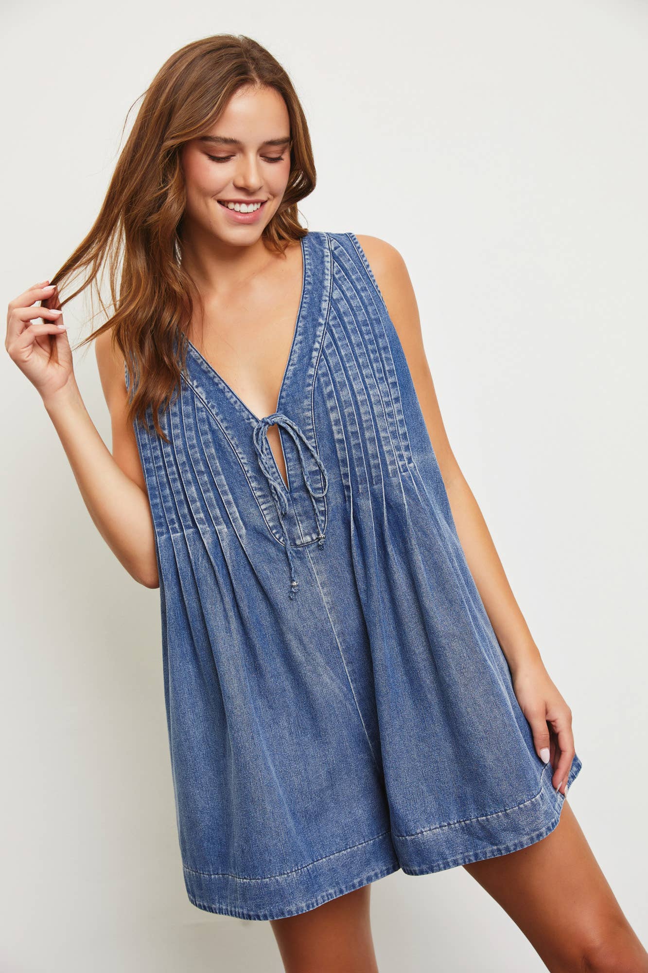 TIE WITH PLEATED DENIM ROMPER