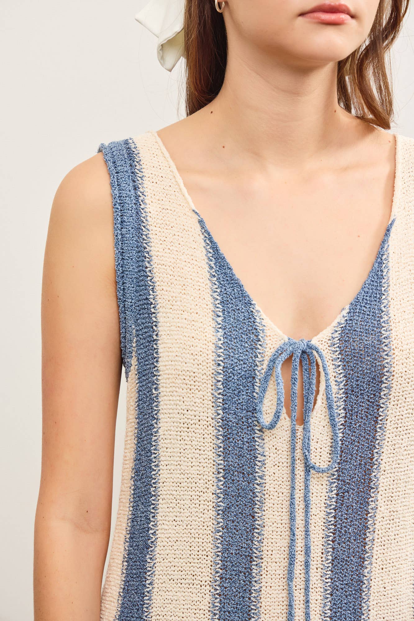DEEP V NECK TIED FRONT STRIPED DRESS