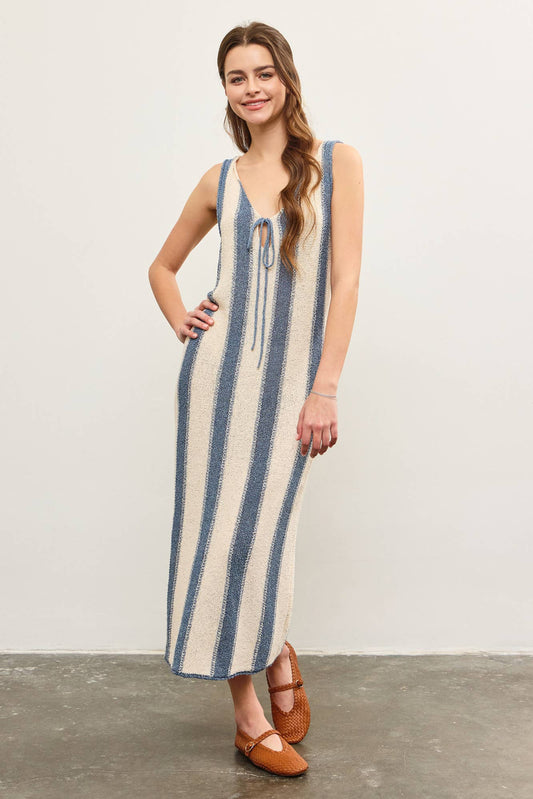 DEEP V NECK TIED FRONT STRIPED DRESS